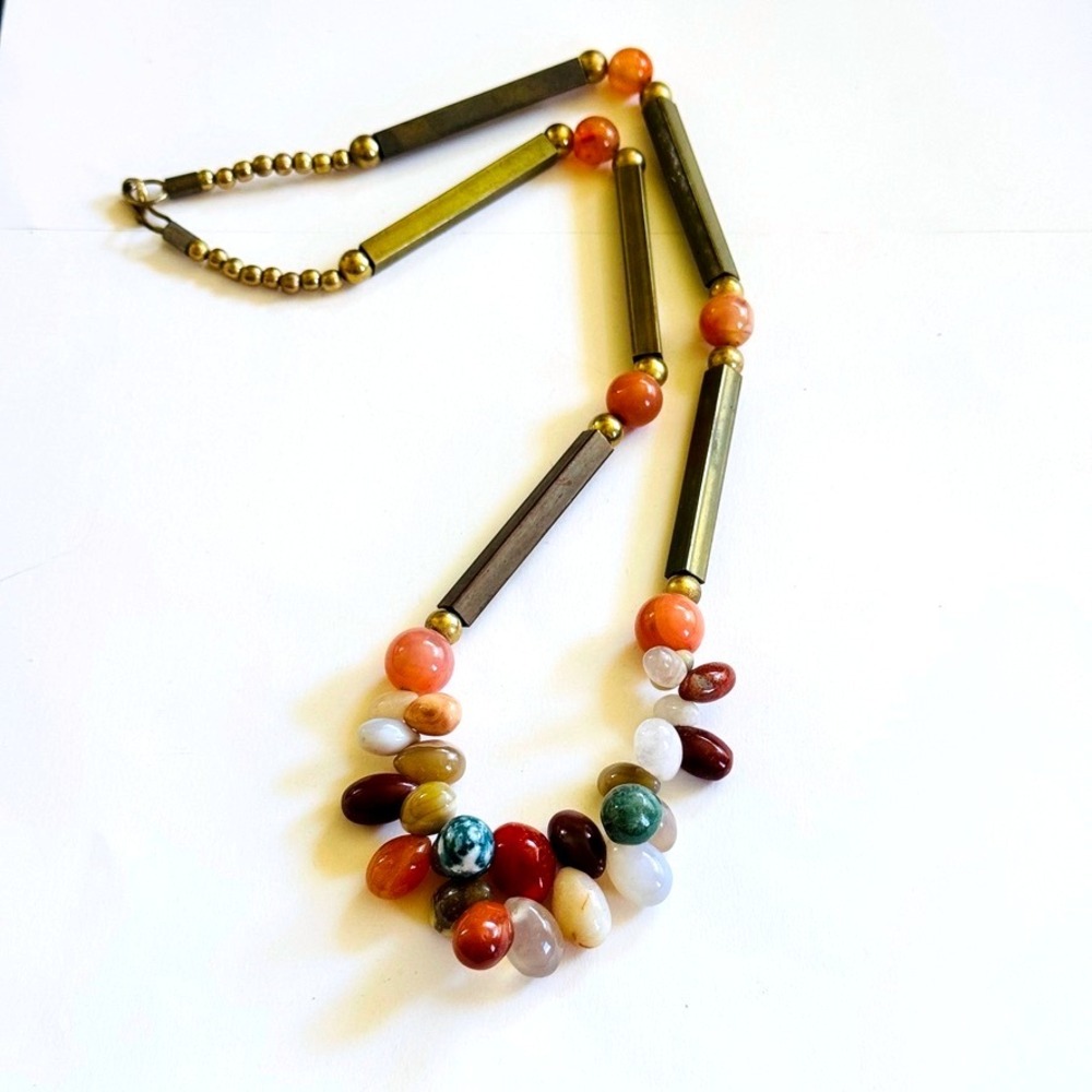VTG Quartz Carnelian Necklace genuine Beads Natural stones brass MCM collar 26"